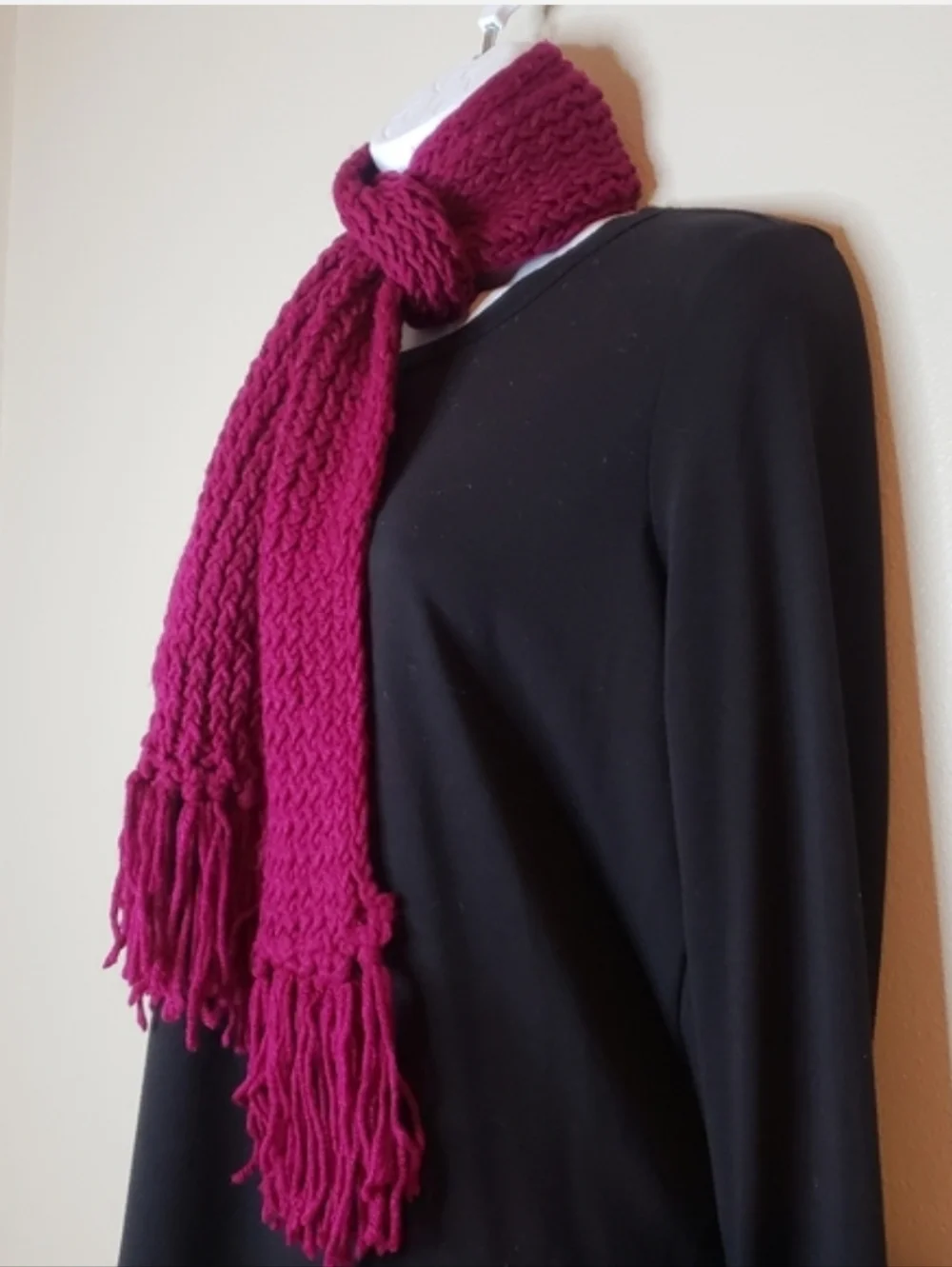 Handmade Burgundy Chunky Knit Scarf with Fringe Tassels - Boho Winter Wrap